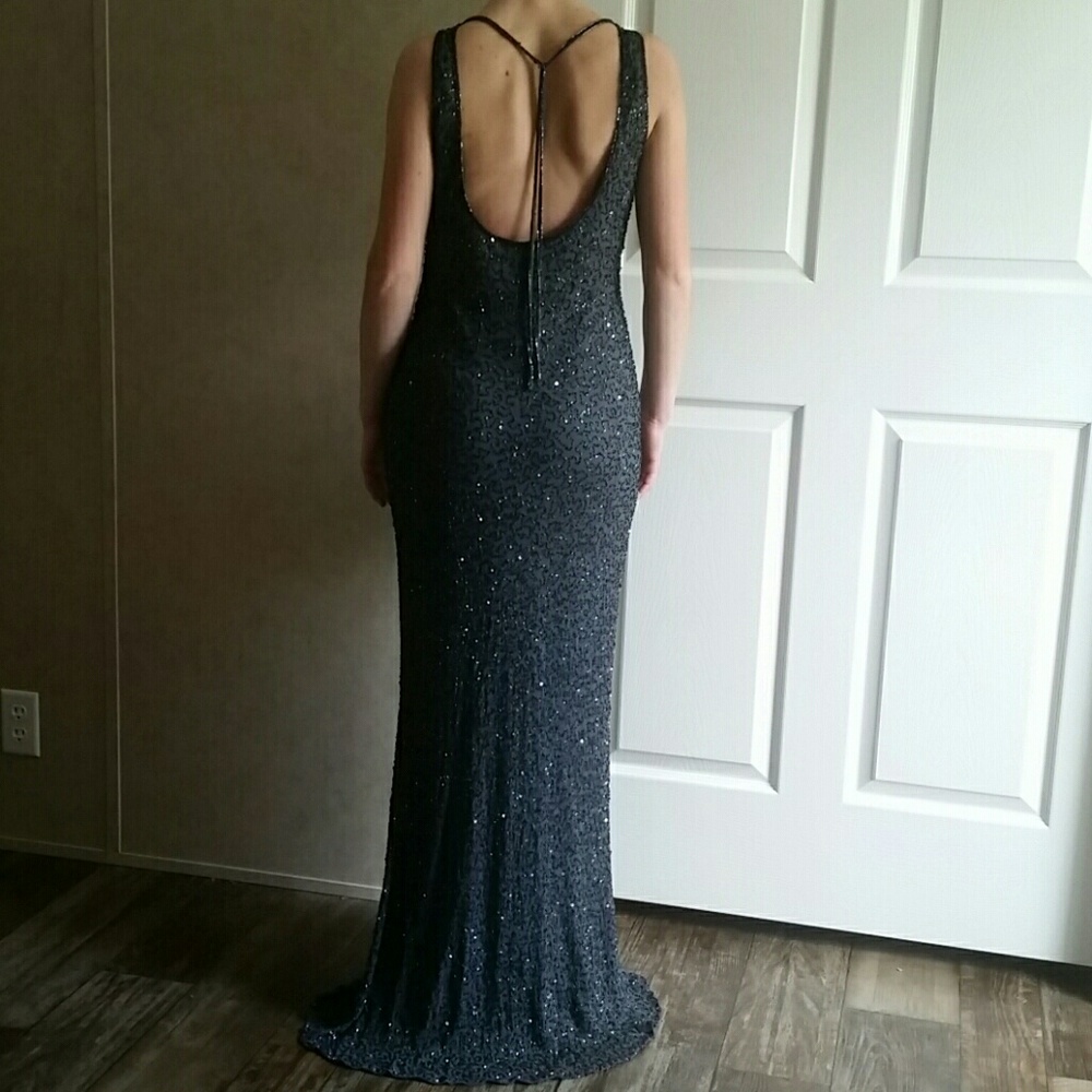 Prom night out sparkly grey maxi low back dress